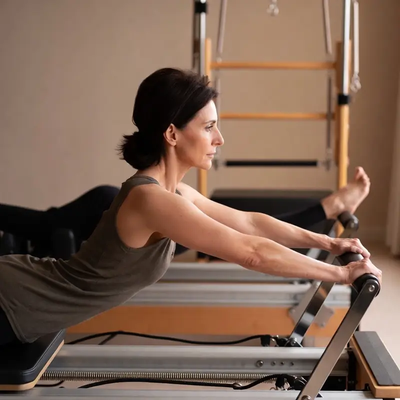 En Cambados haciendo pilates en centro de pilates LESSENZIA cambados de Verónica Rofrano