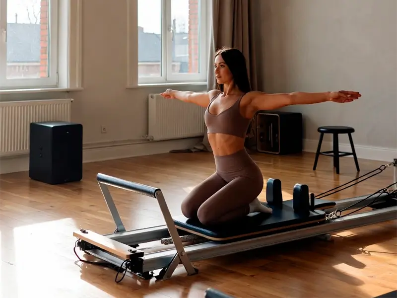 Imagen de mujer haciendo pilates en el centro de pilates lessenzia de cambados de Verónica Rofrano