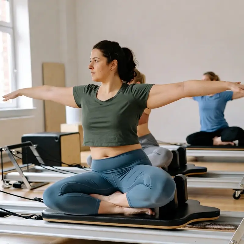 Joven haciendo pilates en centro de pilates LESSENZIA cambados de Verónica Rofrano