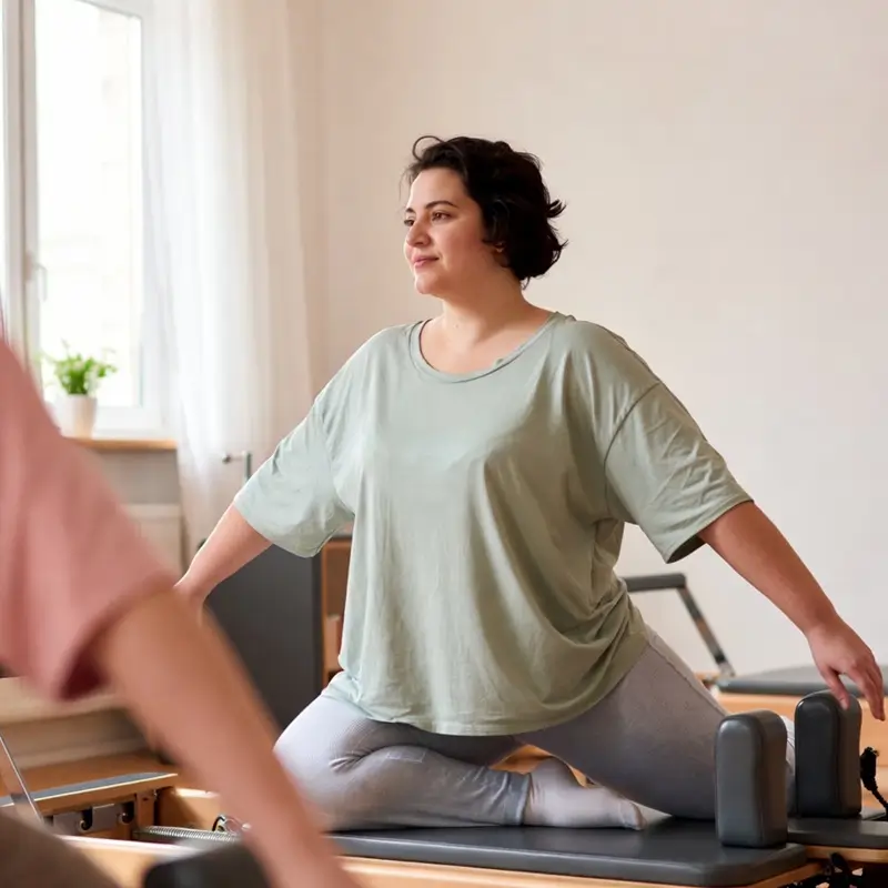 Mamá primeriza haciendo pilates en centro de pilates LESSENZIA cambados de Verónica Rofrano