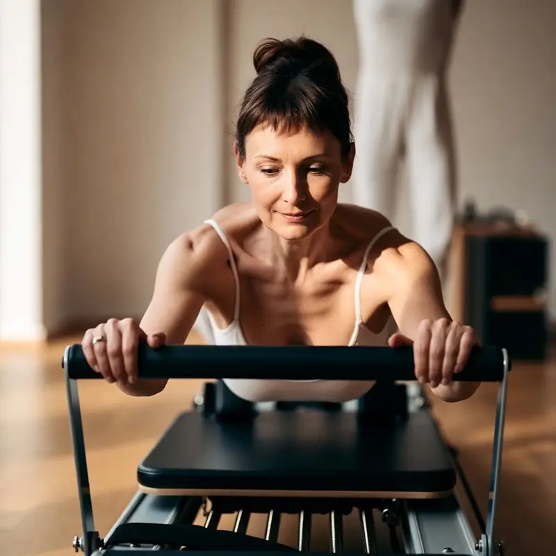 Señora hace pilates en centro de pilates LESSENZIA cambados de Verónica Rofrano